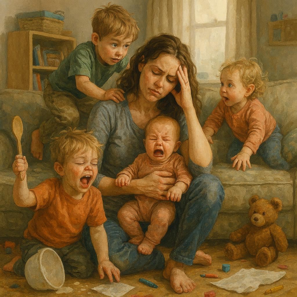 Overwhelmed parent struggling with child climbing baby gate, illustration